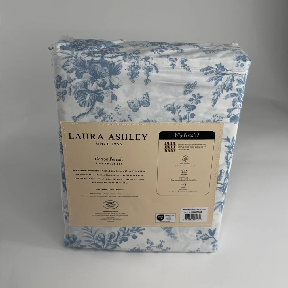Laura Ashley Full Sheet Set with Blue Floral Walled Garden Pattern ~ NWT